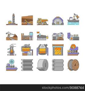 steel production industry metal icons set vector. factory iron, metallurgy industrial manufacturing, equipmen technology, construction steel production industry metal color line illustrations. steel production industry metal icons set vector