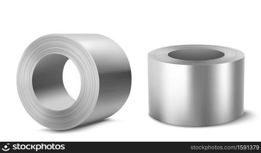 Steel rolls, heavy metallurgical industry, industrial manufacturing business production shiny metal stainless iron or aluminum cylinders isolated on white background, Realistic 3d vector illustration. Steel rolls, heavy industry business production