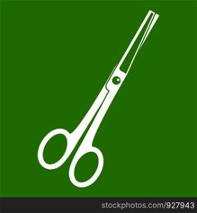 Steel scissors icon white isolated on green background. Vector illustration. Steel scissors icon green