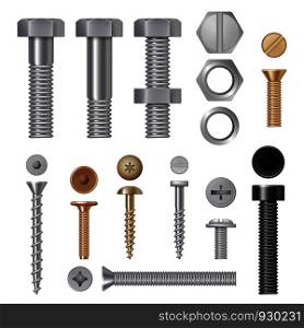 Steel screws bolts. Vise rivets metal construction hardware tools vector realistic pictures. Steel bolt and rivet, screw hardware illustration. Steel screws bolts. Vise rivets metal construction hardware tools vector realistic pictures