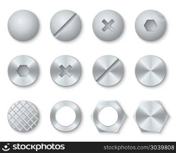 Steel screws, nuts, bolts, rivets heads vector set. Steel screws, nuts, bolts, rivets heads vector. Set of fixing accessories illustration