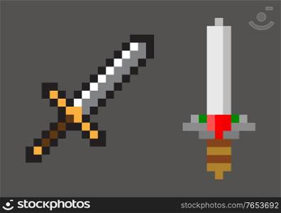 Steel set on grey, medieval equipment of pixel game, military metal symbol in flat design style, mosaic knife, blade object, squared weapon vector. Pixel Game, Mosaic Falchion, Blade Sign Vector