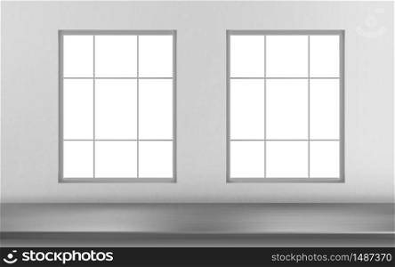 Steel table surface front of windows on white wall background. Kitchen or cafe interior with stainless silver colored desk, inner design project visualization, render. Realistic 3d vector illustration. Steel table surface front of windows on white wall