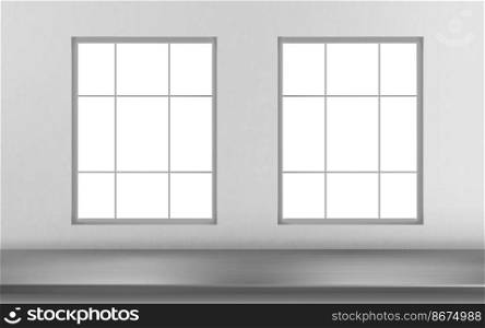 Steel table surface front of windows on white wall background. Kitchen or cafe interior with stainless silver colored desk, inner design project visualization, render. Realistic 3d vector illustration. Steel table surface front of windows on white wall