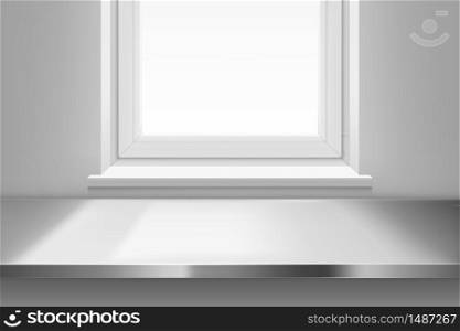 Steel table surface top view front of window with sun light on white wall background. Kitchen or cafe interior with stainless desk, inner design project visualization, Realistic 3d vector illustration. Steel table surface top view front of window.