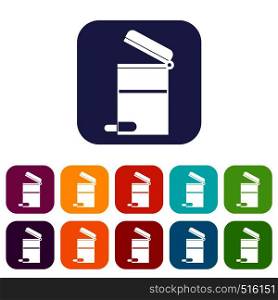 Steel trashcan icons set vector illustration in flat style in colors red, blue, green, and other. Steel trashcan icons set