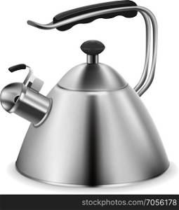 Steel whistling kettle. Photorealistic vector steel whistling kettle on white background