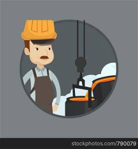 Steelworker at work in the foundry. Steelworker controlling iron smelting in the foundry. Industrial worker of steel making plant. Vector flat design illustration in the circle isolated on background.. Steelworker in hardhat at work in the foundry.