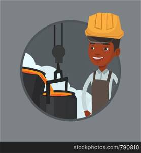 Steelworker at work in the foundry. Steelworker controlling iron smelting in the foundry. Industrial worker in steel making plant. Vector flat design illustration in the circle isolated on background.. Steelworker in hardhat at work in the foundry.