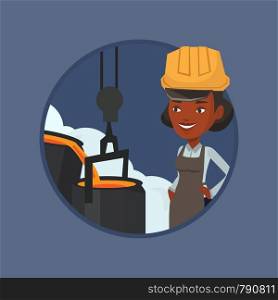 Steelworker at work in the foundry. Steelworker controlling iron smelting in the foundry. Industrial worker in steel making plant. Vector flat design illustration in the circle isolated on background.. Steelworker in hardhat at work in the foundry.