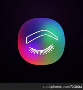 Steep arched eyebrow shape app icon. Soft angled eyebrows. Brows shaping by tattooing. Closed woman eye. UI/UX user interface. Web or mobile application. Vector isolated illustration. Steep arched eyebrow shape app icon