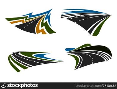 Steep turns of mountain and coastal roads, modern speed highway and empty bypass rural roads. Abstract transportation and travel icons isolated on white