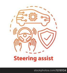 Steering assist concept icon. Smart car. Steering support. Driverless vehicle. Safe driving autopilot idea thin line illustration. Vector isolated outline drawing. Editable stroke