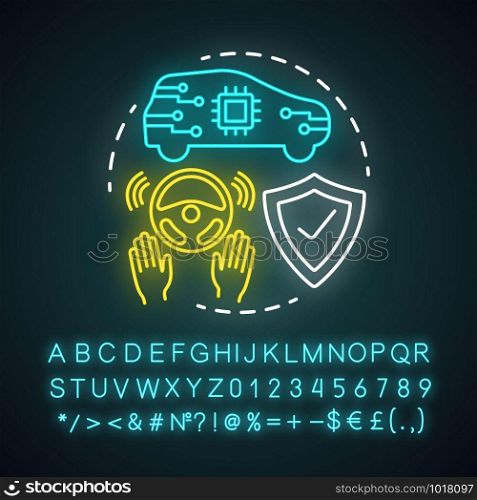 Steering assist neon light concept icon. Smart car. Steering support. Driverless vehicle. Safe driving autopilot idea. Glowing sign with alphabet, numbers and symbols. Vector isolated illustration