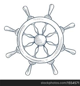 Steering or rudder wheel wooden ship part isolated sketch icon vector marine symbol or nautical element travel or voyage boat or yacht control wooden handle world exploration sea and ocean sailing.. Marine symbol steering or rudder wheel ship part