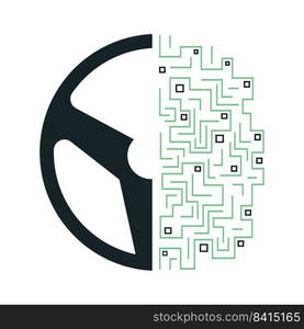 Steering Wheel and Digital Brain vector Template Design. Connection Between Brain Driving and Steering . 