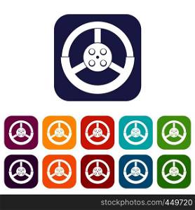 Steering wheel icons set vector illustration in flat style In colors red, blue, green and other. Steering wheel icons set flat