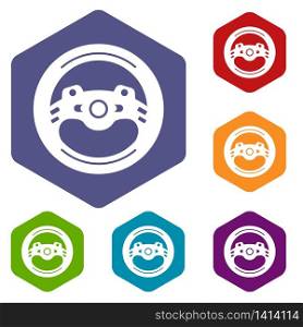 Steering wheel icons vector colorful hexahedron set collection isolated on white. Steering wheel icons vector hexahedron