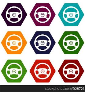 Steering wheel of taxi icon set many color hexahedron isolated on white vector illustration. Steering wheel of taxi icon set color hexahedron