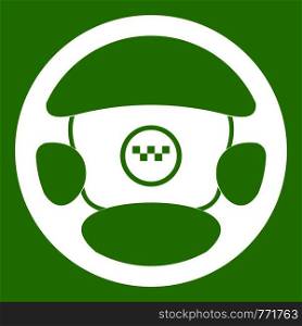 Steering wheel of taxi icon white isolated on green background. Vector illustration. Steering wheel of taxi icon green