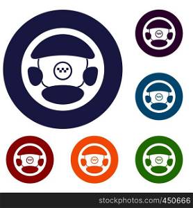 Steering wheel of taxi icons set in flat circle reb, blue and green color for web. Steering wheel of taxi icons set