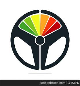 Steering wheel speed meter logo concept design. Colorful speed meter with steering wheel icon. 