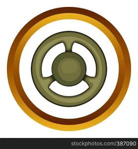 Steering wheel vector icon in golden circle, cartoon style isolated on white background. Steering wheel vector icon
