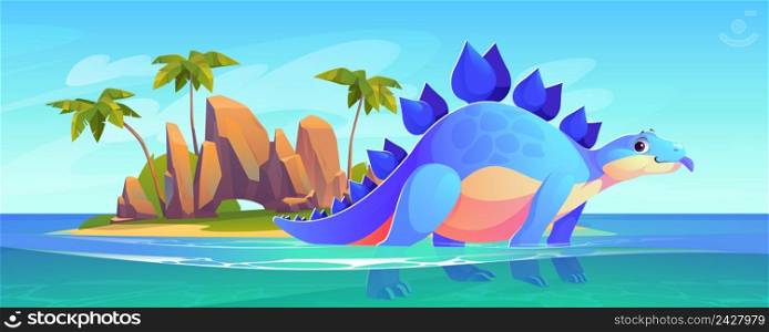 Stegosaurus dinosaur stand in sea water on tropical island background with palm trees. Prehistoric wild animal, jurassic period ancient creature. Paleontology dino monster, Cartoon vector illustration. Stegosaurus dinosaur on tropical island background