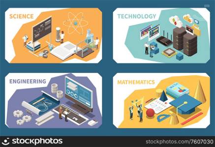 STEM education concept 4 isometric compositions cards with science lesson engineering software mathematics geometric shapes vector illustration