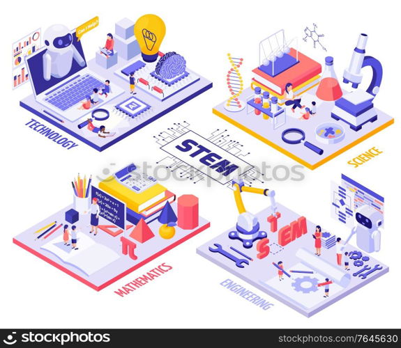 STEM education isometric Infographics with children and teachers characters laboratory equipment robots and engineering tools vector illustration