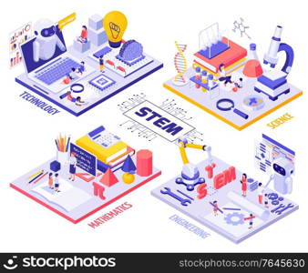 STEM education isometric Infographics with children and teachers characters laboratory equipment robots and engineering tools vector illustration