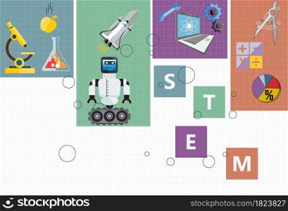 STEM Education. Science Technology Engineering Mathematics. calculate math. with Abbreviations STEAM. linked by a Dashed line table on multicolored background with copy space for Infographic.