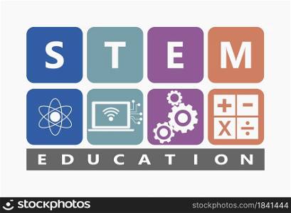STEM Education. Science Technology Engineering Mathematics. calculate math. with Abbreviations STEM. linked by multicolored polygon frame background with copy space for Infographic.