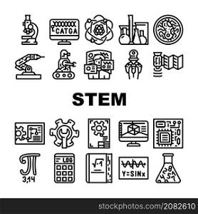 Stem Engineer Process And Science Icons Set Vector. Educational Book And Trigonometry Formula, Stem Engineering Processing And Laboratory Researching, Software And Technology Black Contour Illustrations. Stem Engineer Process And Science Icons Set Vector
