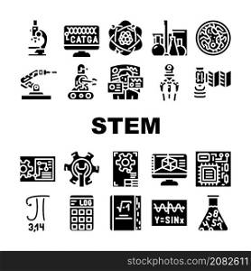 Stem Engineer Process And Science Icons Set Vector. Educational Book And Trigonometry Formula, Stem Engineering Processing Laboratory Researching, Software Glyph Pictograms Black Illustrations. Stem Engineer Process And Science Icons Set Vector