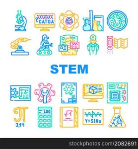 Stem Engineer Process And Science Icons Set Vector. Educational Book And Trigonometry Formula, Stem Engineering Processing And Laboratory Researching, Software And Technology Line. Color Illustrations. Stem Engineer Process And Science Icons Set Vector