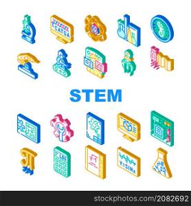 Stem Engineer Process And Science Icons Set Vector. Educational Book And Trigonometry Formula, Stem Engineering Processing Laboratory Researching, Software And Technology Isometric Sign Color Illustrations. Stem Engineer Process And Science Icons Set Vector