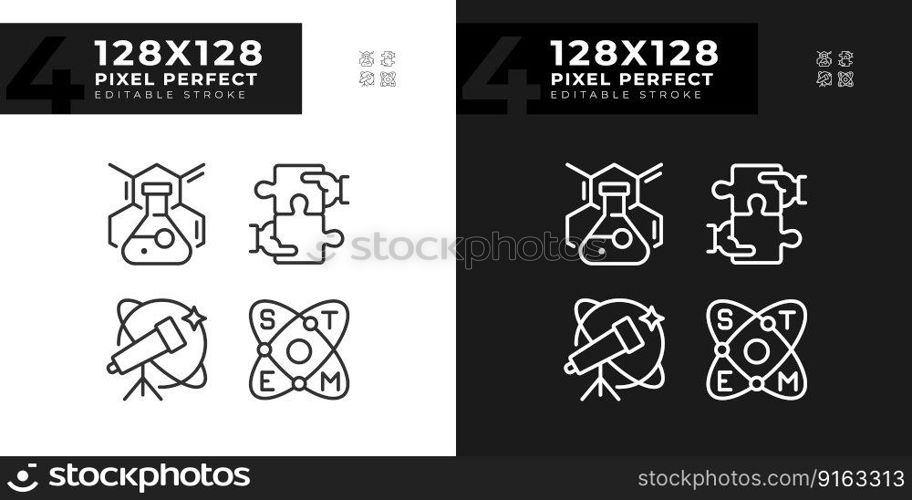 STEM impact on education pixel perfect linear icons set for dark, light mode. Innovative technology of research. Thin line symbols for night, day theme. Isolated illustrations. Editable stroke. STEM impact on education pixel perfect linear icons set for dark, light mode