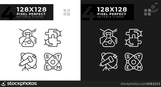 STEM impact on education pixel perfect linear icons set for dark, light mode. Innovative technology of research. Thin line symbols for night, day theme. Isolated illustrations. Editable stroke. STEM impact on education pixel perfect linear icons set for dark, light mode