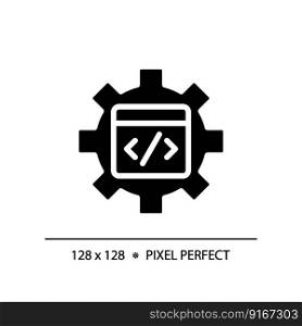 STEM in coding in pixel perfect black glyph icon. App development studying process. Programming courses for students. Silhouette symbol on white space. Solid pictogram. Vector isolated illustration. STEM in coding in pixel perfect black glyph icon