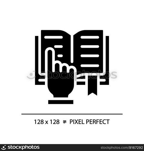 STEM in reading pixel perfect black glyph icon. Curriculum including science. Education activity. Technology. Silhouette symbol on white space. Solid pictogram. Vector isolated illustration. STEM in reading pixel perfect black glyph icon