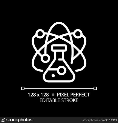 STEM in science pixel perfect white linear icon for dark theme. Data mining technology in education. Researching methods. Thin line illustration. Isolated symbol for night mode. Editable stroke. STEM in science pixel perfect white linear icon for dark theme