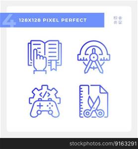 STEM related subjects pixel perfect gradient linear vector icons set. Alternative techniques of learning. Thin line contour symbol designs bundle. Isolated outline illustrations collection. STEM related subjects pixel perfect gradient linear vector icons set