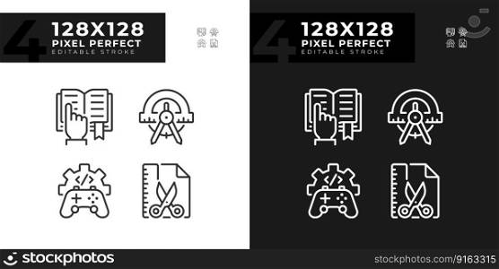 STEM related subjects pixel perfect linear icons set for dark, light mode. Alternative techniques of learning. Thin line symbols for night, day theme. Isolated illustrations. Editable stroke. STEM related subjects pixel perfect linear icons set for dark, light mode
