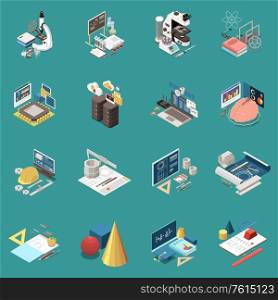 STEM science technology engineering mathematics education concept with real world experience isometric symbols icons set vector illustration
