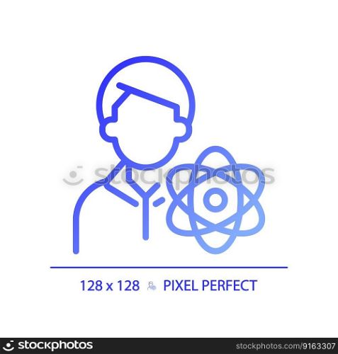 STEM teacher pixel perfect gradient linear vector icon. Education specialist job. Tutor for students using technology. Thin line color symbol. Modern style pictogram. Vector isolated outline drawing. STEM teacher pixel perfect gradient linear vector icon