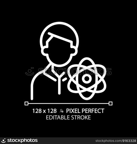 STEM teacher pixel perfect white linear icon for dark theme. Education specialist job. Tutor for students using technology. Thin line illustration. Isolated symbol for night mode. Editable stroke. STEM teacher pixel perfect white linear icon for dark theme