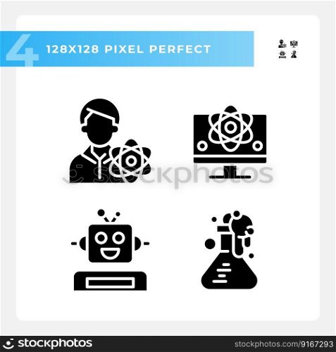 STEM technology and AI pixel perfect black glyph icons set on white space. Education industry development. Automation setup. Silhouette symbols. Solid pictogram pack. Vector isolated illustration. STEM technology and AI pixel perfect black glyph icons set on white space
