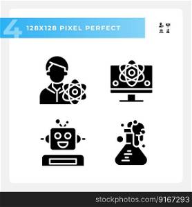STEM technology and AI pixel perfect black glyph icons set on white space. Education industry development. Automation setup. Silhouette symbols. Solid pictogram pack. Vector isolated illustration. STEM technology and AI pixel perfect black glyph icons set on white space