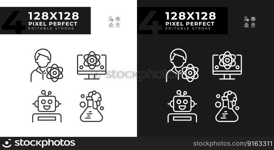 STEM technology and AI pixel perfect linear icons set for dark, light mode. Education industry development. Automation. Thin line symbols for night, day theme. Isolated illustrations. Editable stroke. STEM technology and AI pixel perfect linear icons set for dark, light mode